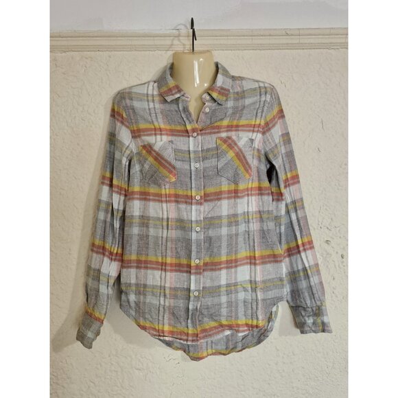 Merona Women's Size XS Blue Orange Yellow Plaid Flannel Shirts Pockets New - Picture 11 of 12